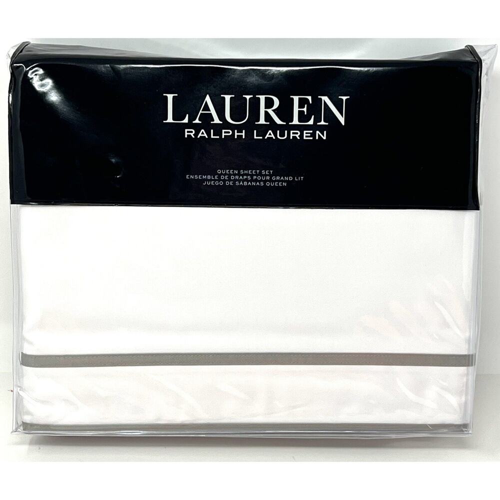 Ralph Lauren Spencer Border Sateen Queen Sheet Set White Grey Gray 4 Pcs. NIP